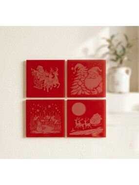 Christmas Tile Ceramic Engraved Santa Sleigh And Snowman Scenes Set of 4
